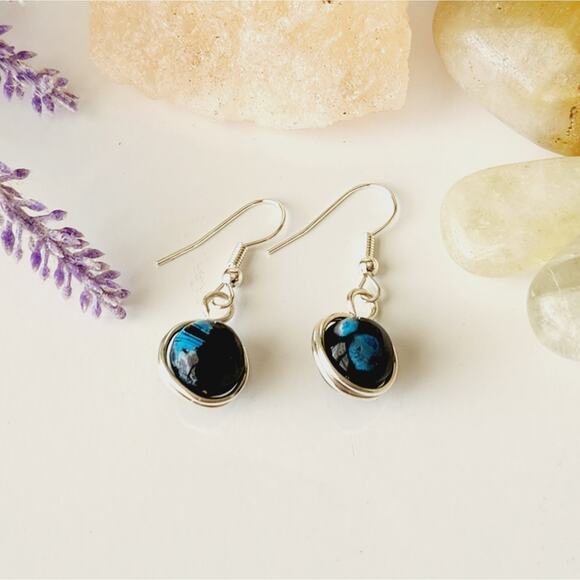 Blue Round Agate Stone Earrings, Silver-Plated Wire Wrapped Dangle Earrings - Picture 5 of 10
